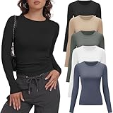 miijoory 5er Pack Langarmshirt Damen Rundhalsausschnitt Basic Langarm T-Shirt...