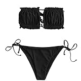 ZAFUL Damen Bikini Set, schulterfrei Bandeau mit Kordelzug & Rüschen High Cut Einfarbig...