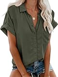 Friptspyg Musselin Bluse Damen Lässiges Kurzarm Hemdbluse Sommer V-Ausschnitt 100%...