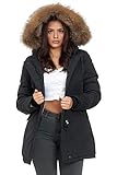 Elara Damen Winterparka Echt Fell Jacke Mantel Schwarz Chunkyrayan XH-227-1...