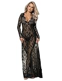 comeondear Damen Kleider Sexy Spitze Lang Langarm V-Ausschnitt Negligee Transparent...