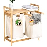 Floordirekt Wäschekorb aus Bambus, Wäschesammler mit 2 Fächern, Wäschekorb...