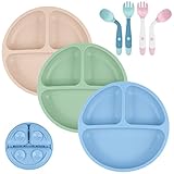 Vicloon Baby Teller, 3Pcs Silikon Rutschfester Baby Tischset mit 2 Paar Löffel+Gabel, BPA...