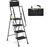 HBTower Leiter 4 Stufen, Trittleiter mit Handläufen, klappbarer Tritthocker mit...