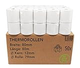 50x Kassenrollen / Thermorollen / Bonrollen 80mm x 80m x 12mm Bpa frei für alle...