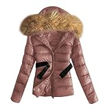 Damen Glänzende Daunenjacke Kunstfell Winterjacke Verdickter Daunenmantel mit Fellkapuze...