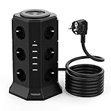 Mehrfachsteckdose Tower, TESSAN 12 Fach Steckdosenleiste Turm, Mehrfachstecker Turm USB...