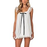 Feclmiyt Mini-Tankkleid für Damen, mit Fliegenärmeln und Fliege, plissiert, Rüschen,...