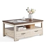 LINSY HOME Farmhouse Couchtisch mit Stauraum, Couchtisch aus Holz für Wohnzimmer, offener...