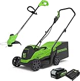 Greenworks Elektro-Rasenmäher 24V 33cm 30L Grasfangbox und Kabelloser Rasentrimmer 25cm...