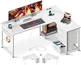 ODK Schreibtisch mit Schubladen, Schreibtisch L Form mit Steckdosen und USB-Ladeanschluss,...