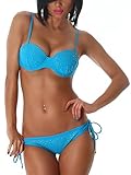 Damen Bikini Set Push Up Balconette Träger Glitzer Applikation, Türkis 36 (Etikett: 38)