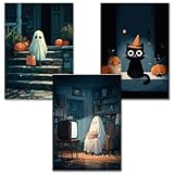 LAVEMA Halloween Poster Set A4 (3er Set) Wanddeko mit Geist & schwarzer Katze –...
