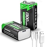 9V Wiederaufladbare Akku, 1300mAh Lithium-ionen Block Batterien mit USB-C-Schnellladekabel...