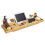 SONGMICS ausziehbare Badewannenablage aus Bambus verstellbares Badewannenbrett Badewannen...