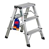 PROREGAL Trittleiter 3 Stufen klappbar Alu Stehleiter Aluleiter beidseitig begehbar bis...