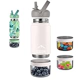 OSLOW® Thermosflasche mit Fach (300 + 115 ml), Wasserflasche aus Edelstahl mit Strohhalm...