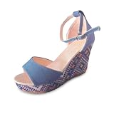SUPTTING Damen Keilsandalen Ethno Denim Sommerschuhe Knöchelriemen Sandaletten Plateau...