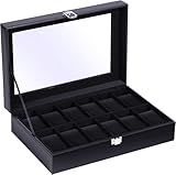 Ohuhu Uhrenbox mit 12 Fächern, Watch Box Uhren Aufbewahrungsbox mit Glasdeckel,...