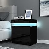 Hochglanz Nachttisch mit RGB Led Licht 2 Schubladen Nachtschrank Holz Beistelltisch...