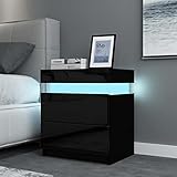 Hochglanz Nachttisch mit RGB Led Licht 2 Schubladen Nachtschrank Holz...