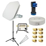 PremiumX SAT-Anlage Flat43 Flachantenne Quad LNB Dreibein-Stativ 10m Kabel 8X F-Stecker...