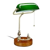 Relaxdays Bankerlampe mit Zugschalter, neigbarem Glasschirm & Holzfuß,...
