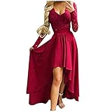 Abendkleider Frauen Spitzen Partykleid V-Ausschnitt Langarm High Waist Unregelmäßiger...