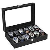 SONGMICS Uhrenbox mit 12 Fächern, Uhrenkasten mit Glasdeckel, Uhrenkoffer mit...