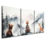 ZXHYWYM 3 teiliges Abenteuer Kinderzimmer Waldtierbild Wanddekoration Aquarell Bergposter...