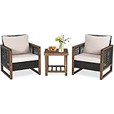COSTWAY 3er Set Gartenmöbel Rattan Möbel, Balkonset inkl. Tisch aus Holz und Stühle,...