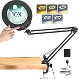 mandland 10X Lupe mit Licht und Klemme, beleuchtete Lupe aus echtem Glas mit 5 Farbmodi...