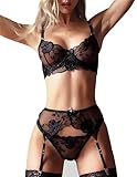 NewBull Sexy Dessous-Set für Damen, Straps-BH + Strumpfgürtel aus Spitze +...