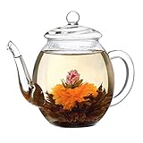 Creano Teekanne aus Glas mit Deckel für 500ml Tee aus Teeblumen, Teerosen und losem Tee...