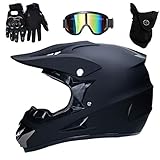 UIGJIOG Motocross Helm Matte Schwarz, Herren Crosshelm mit Brillen Maske...