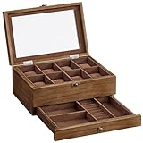 SONGMICS Uhrenbox mit 8 Fächern, Uhrenkasten aus Massivholz, mit Glasdeckel, Uhrenkissen,...