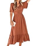 BebreezChic Sommerkleid Damen Lang Boho Elegant Kurzarm V-Ausschnitt Hohe Taille...