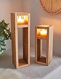 2X Windlicht-Säule Wood aus Holz & Glas, 30 + 40 cm hoch, Kerzenhalter aus recyceltem...