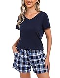 Bresdk Schlafanzug Damen Kurz Shorty Pyjama Baumwolle Sommer Nachtwäsche M1300 Blau01 XL