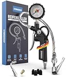 Reifenfüller mit Manometer [inkl. Adapter & Ersatzkappen] – Reifendruckfüller für...