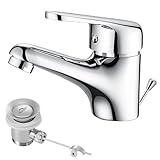 Auralum Wasserhahn Bad mit Zugstange, Einhebel-Waschtischarmatur mit Ablaufgarnitur, Chrom...