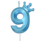 Blaue Zahl 9 Geburtstagskerze 丨9. Geburtstag Party Blau Thema Dekorationen 丨 3D-Krone...