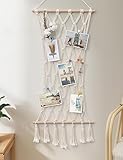 SUMGAR Makramee Wandbehang Boho Fotowand Collage mit 30 Holzklammern Gewebte Wandrahmen...