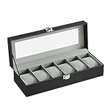 SONGMICS JWB06BK Uhrenbox mit 6 Fächern, Schatulle, mit Glasdeckel, abnehmbare Polster,...