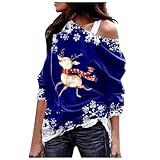 Weihnachten Sweatshirt Damen Schulterfrei,Lustig Weihnachts Oberteil,Weihnachtsdruck...