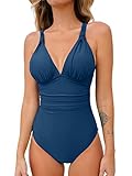 CUPSHE Damen Badeanzug V Ausschnitt Bauchweg Raffung Crossback Cut Out Einteilige Bademode...