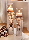 Dekoleidenschaft 2X Windlichtsäule Stern aus Holz & Glas, 30 + 35 cm hoch, im...