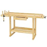 Wiltec Werkbank 151 x 61,5 x 86 cm aus Holz, Werktisch aus Rubberwood, Hobelbank bis 150...