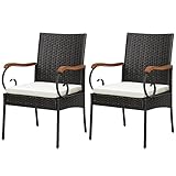 COSTWAY 2er Rattan Stühle Set, Polyrattan Gartenstuhl Holz, Gartensessehl mit Sitzkissen,...