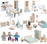 Giant bean Puppenhaus Möbel Holz Set, 36 Teilige Möbel mit 4 Familienpuppen, Puppen...